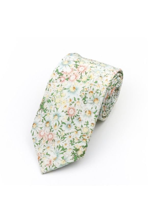 Green & White floral cotton classic mens tie & pocket square set