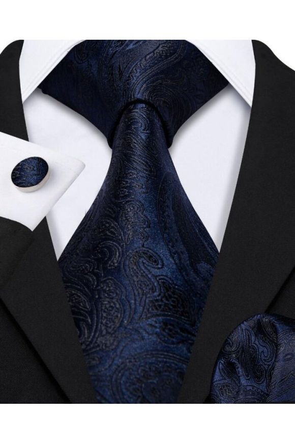 Navy and Black Paisley tie pocket square cufflink set