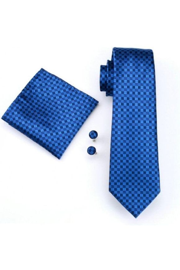 Mens dark blue check 100% silk pocket square, Cufflink and tie set