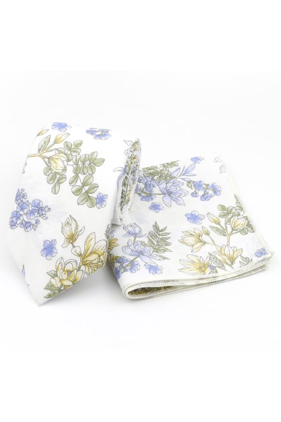 White & Sage floral cotton classic mens tie & pocket square set
