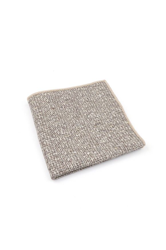 Mens Stone Herringbone Wool Tweed Pocket Square
