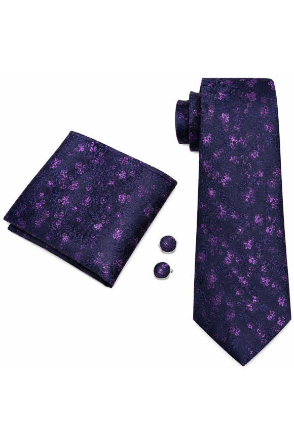 Mens Purple Floral pocket square, Cufflink and tie set