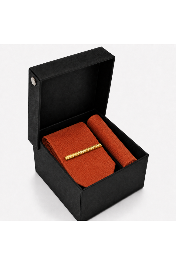 Woven Rust Tie, Pocket Square & Gold Tie Clip Gift Set