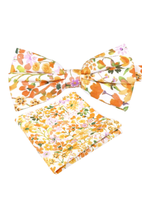 Peach floral cotton classic mens bow tie & pocket square set