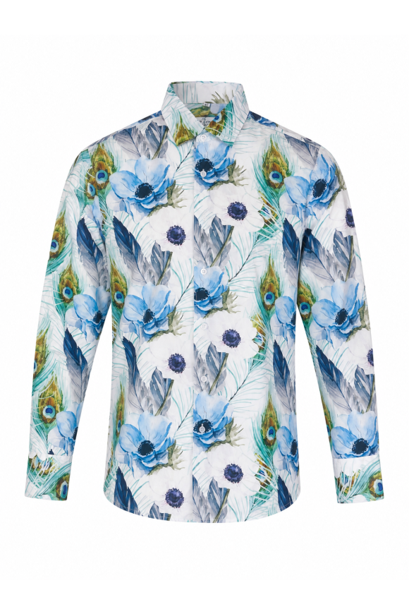 Blue Floral & Peacock Feather Print Long Sleeve Men's Shirt