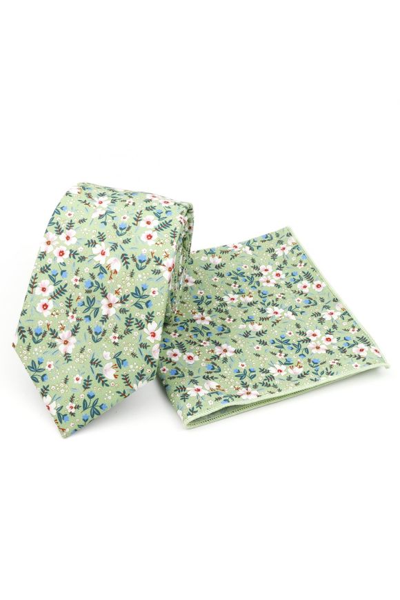Green & Blue floral cotton classic mens tie & pocket square set