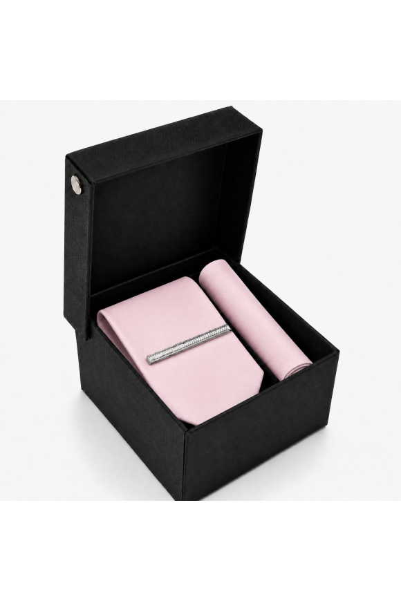 Pastel Pink Tie, Pocket Square & Silver Tie Clip Gift Set