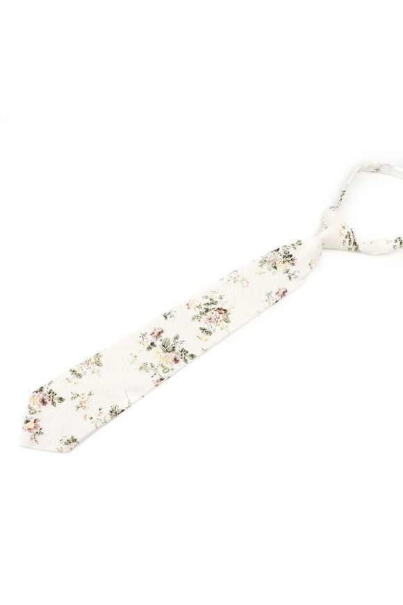 Childrens Ivory & Green floral flower cotton necktie