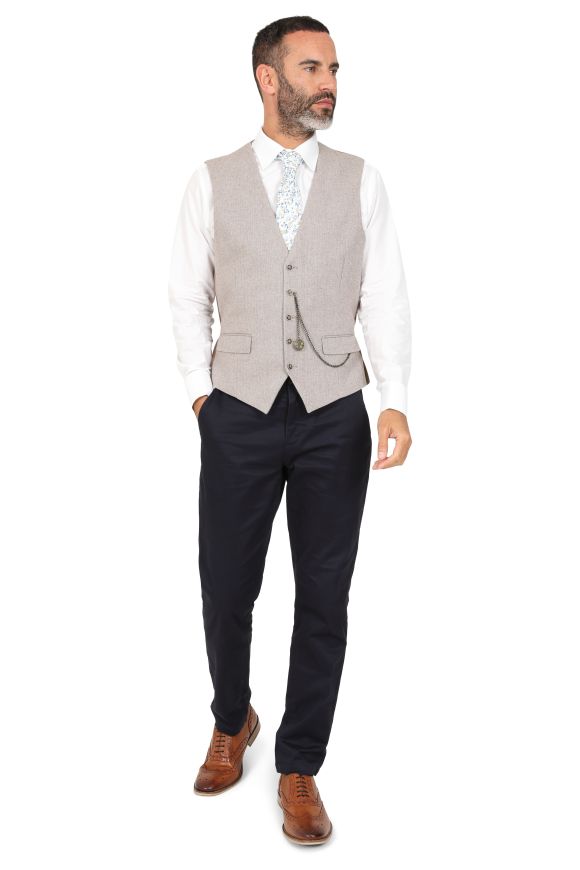Stone Suit with Contrast Navy Trousers