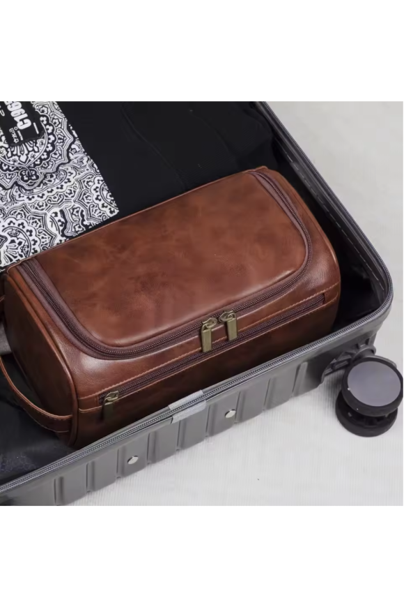 Large Brown Toiletry Wash Bag with Handle