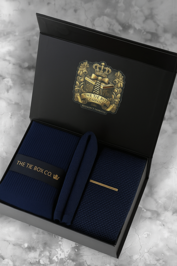 Mens Luxury Navy Knitted Tie Pocket Square  Gift Box Set