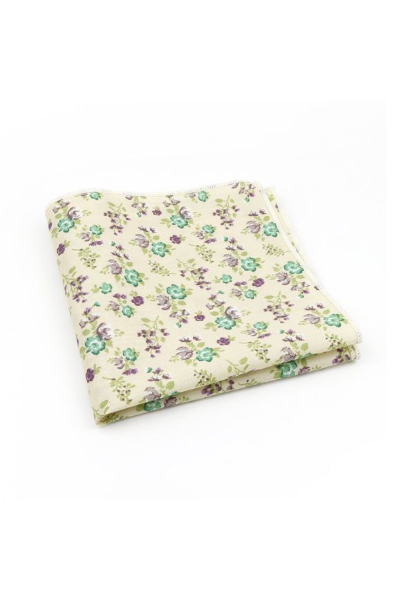 Cream & Green floral cotton classic mens tie & pocket square set