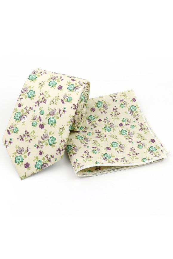 Cream & Green floral cotton classic mens tie & pocket square set