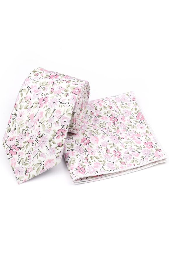 Pink Blossom Floral Tie, Pocket Square & Silver Tie Clip Gift Set