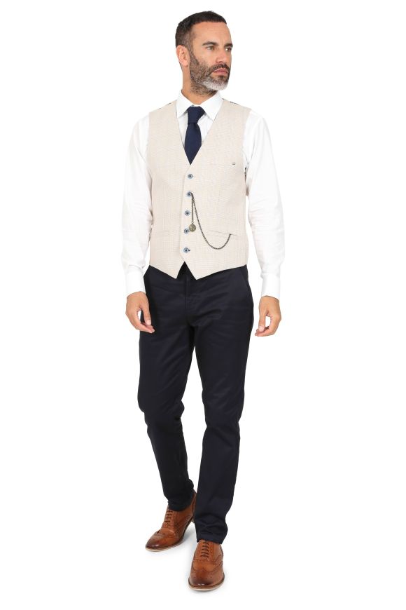 Stone Beige Check Suit with Contras Navy Trousers