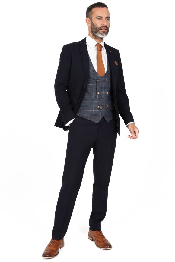 Jenson Samuel Alnwick Navy Three Piece Suit With Contrast Check Waistcoat