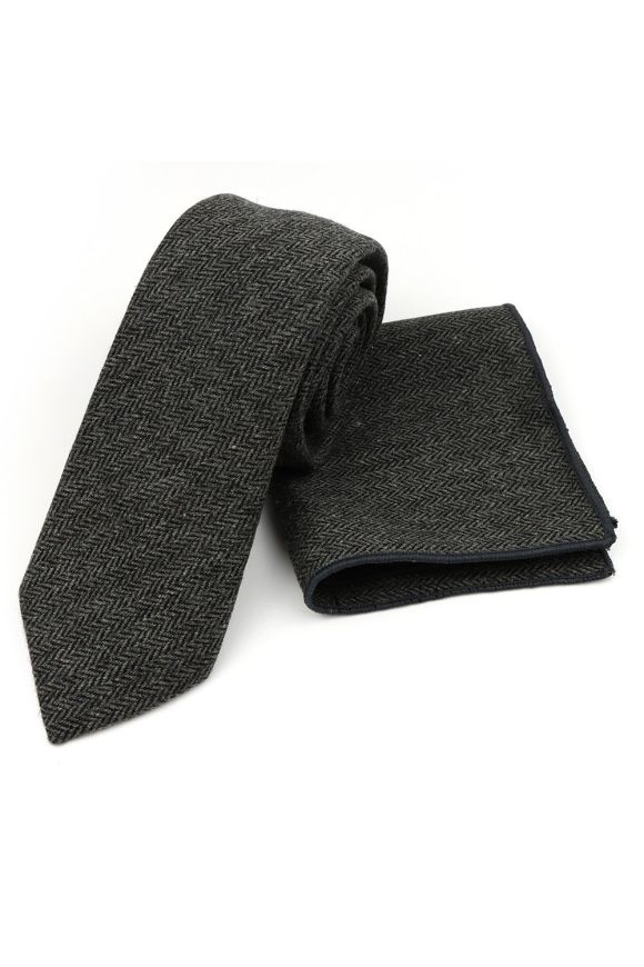 Mens Grey Herringbone Wool Tweed Tie & Pocket square set