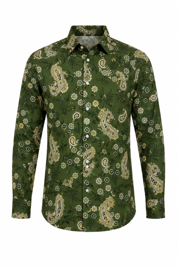 Olive Green Paisley Floral Long Sleeve Men's Shirt