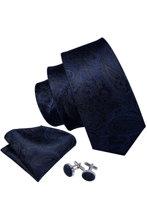 Navy and Black Paisley tie pocket square cufflink set