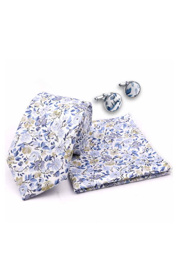 Dusky Blue floral cotton classic mens tie, cufflink & pocket square set