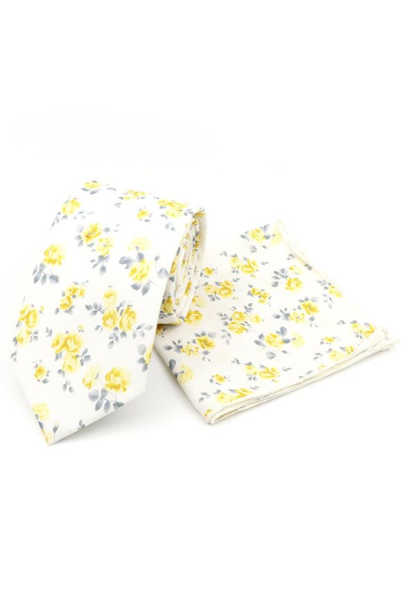 Pastel Yellow floral flower cotton tie & pocket square set
