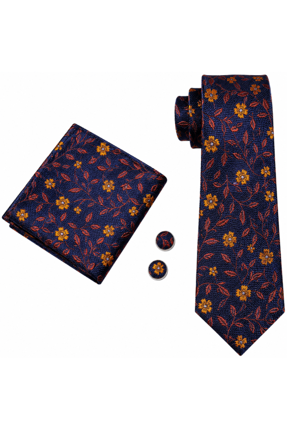 Mens Navy & Rust Floral Tie, Pocket Square and Cufflink Set
