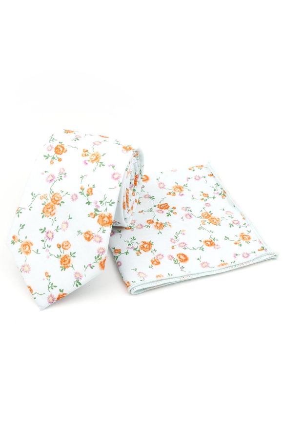 Orange & Pink floral flower cotton tie & pocket square set