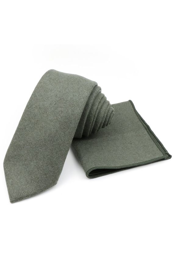 Mens Wool Tweed Olive Tie & Pocket square set