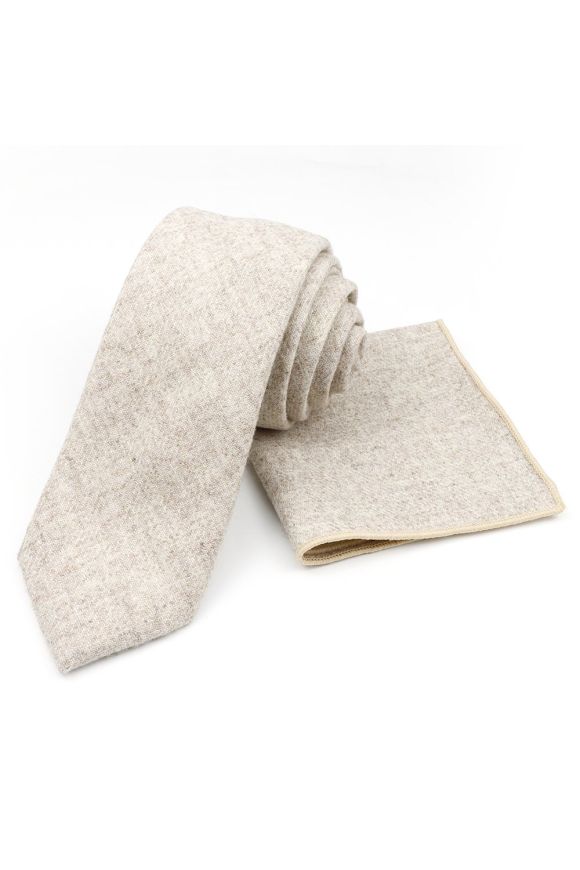 Mens Wool Tweed Beige Tie & Pocket square set