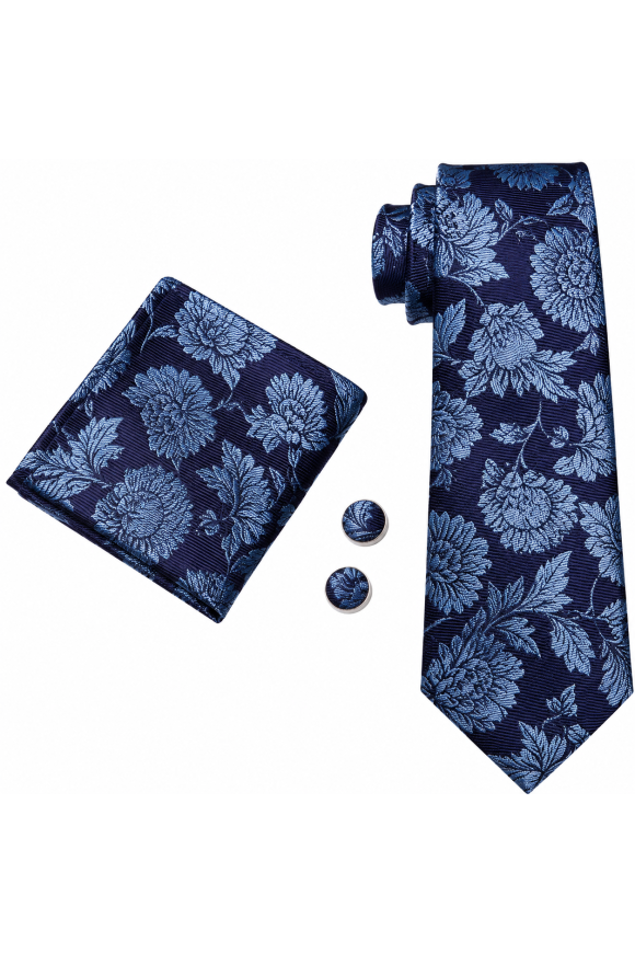 Mens Navy Floral Tie Pocket Square and Cufflink Set