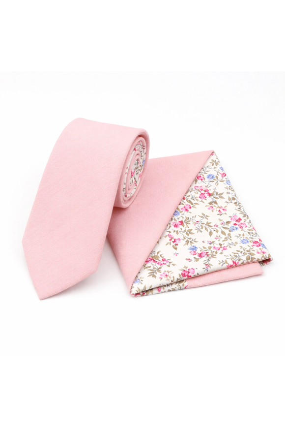 Two Tone Pastel Pink  & Fuchsia floral cotton tie & Pocket square set