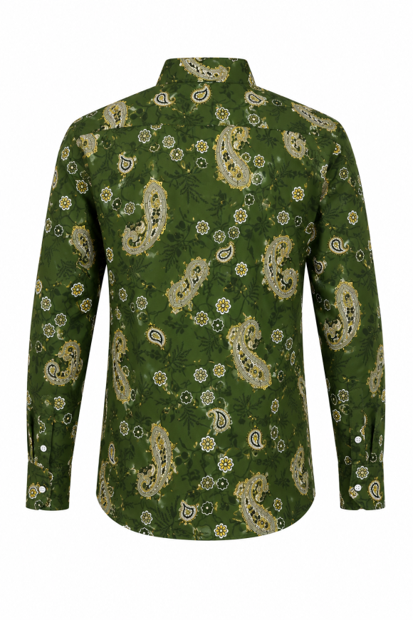 Olive Green Paisley Floral Long Sleeve Men's Shirt