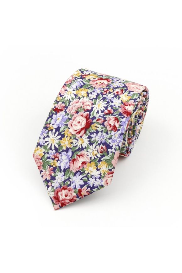 Red & Blue floral cotton classic mens tie & pocket square set