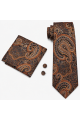 Mens Brown Paisley pocket square, Cufflink and tie set