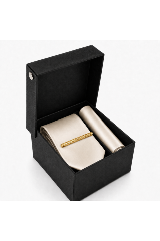 Pastel Champagne Tie, Pocket Square & Gold Tie Clip Gift Set