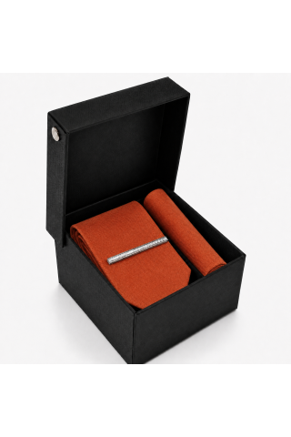 Woven Rust Tie, Pocket Square & Silver Tie Clip Gift Set