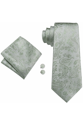 Mens Pastel Sage Green Paisley silk wedding tie, pocket square & cufflink set