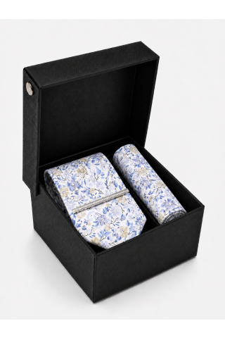 Blue Floral Tie, Pocket Square & Silver Tie Clip Gift Set