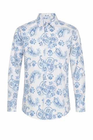 Sky Blue Paisley Floral Print Men's 100% Cotton Shirt