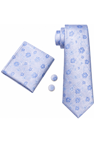 Mens Sky Blue Floral Tie Pocket Square Cufflink Set