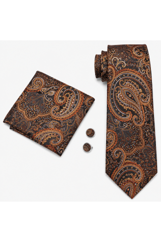 Mens Brown Paisley pocket square, Cufflink and tie set