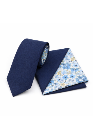 Two Tone Pastel Navy Floral cotton tie & pocket square set