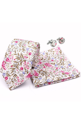 Fuchsia floral cotton classic mens tie, cufflink & pocket square set