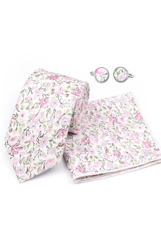 Soft Pink floral cotton classic mens tie , cufflink & pocket square set
