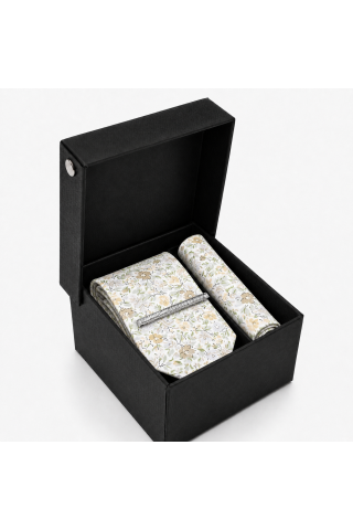 Green Floral Tie Gift Set with Pocket Square & Silver Tie Clip