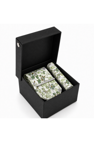 Olive Green Floral Tie Gift Set with Pocket Square & Silver Tie Clip