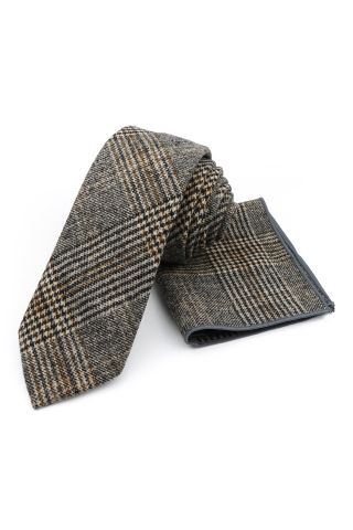 Mens Grey striped Wool Tweed Tie & Pocket square set