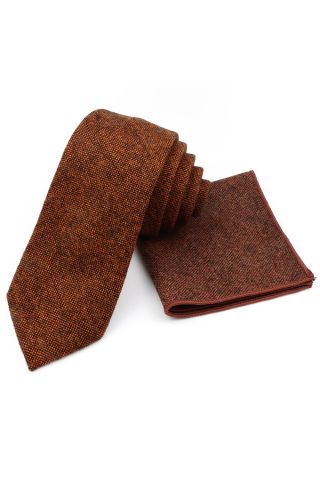 Mens Wool Tweed Rust Tie & Pocket square set