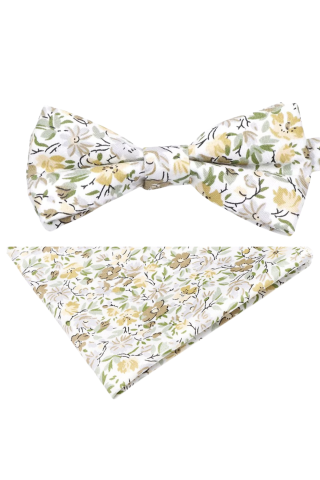 Green floral cotton classic mens bow tie & pocket square set