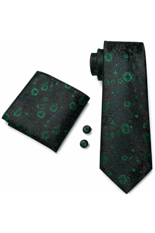 Mens Green Floral Tie, pocket square, Cufflink set